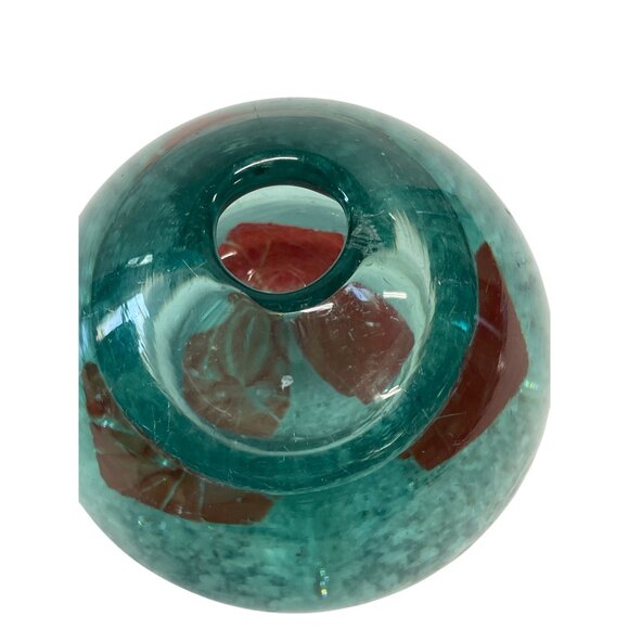Handblown Turquoise Glass Vase With Embedded Red Flower Design - Picture 4 of 5